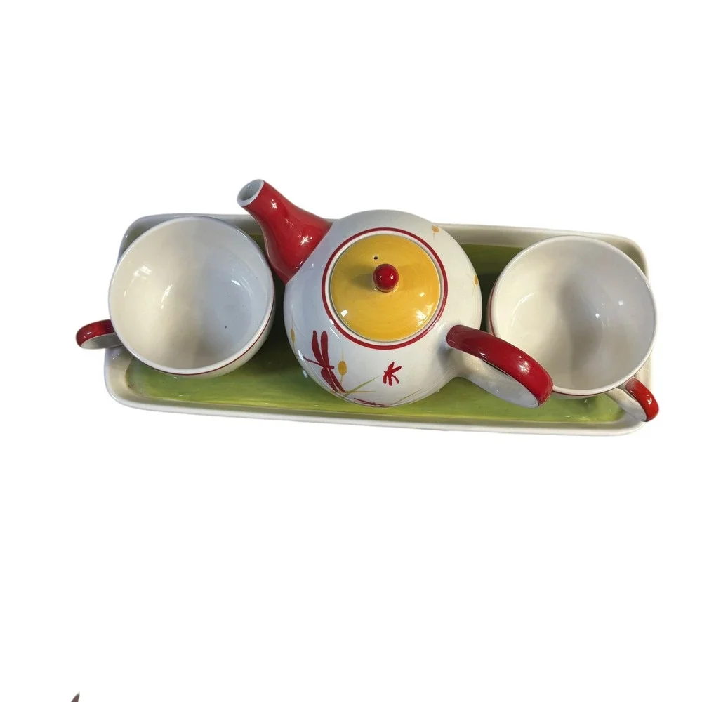 Hues N Brews Dragonfly Tea Set Teapot 2 Cups and Tray Red Yellow White Ceramic